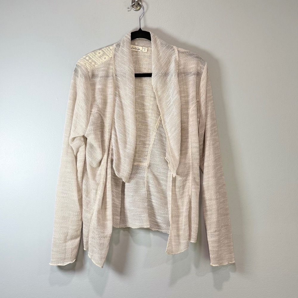 Boho Cream Lace Back Open Front‎ Waterfall Cardigan Sweater Womens XL